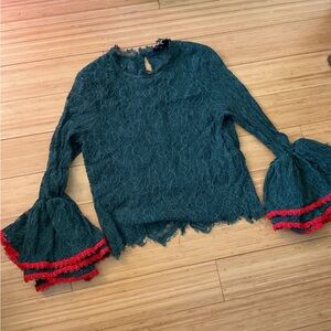 Chic Lace Blouse with Flared Sleeves alpha omega women’s small